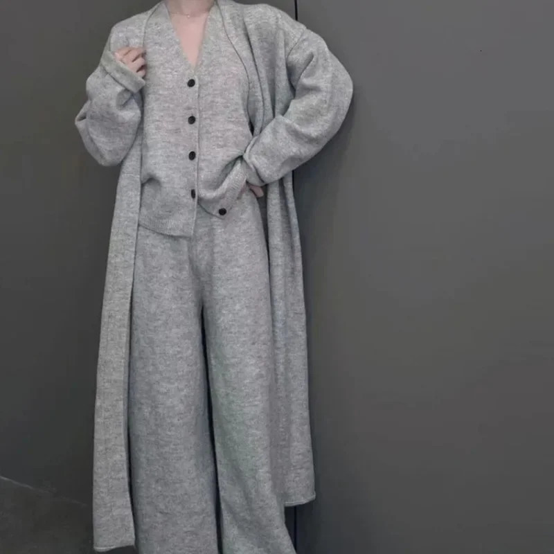 Vest Cardigan Wide Leg Pants Three Piece Set Casual Style Autumn and Winter Item Solid Color Fashionable Sweater 250122