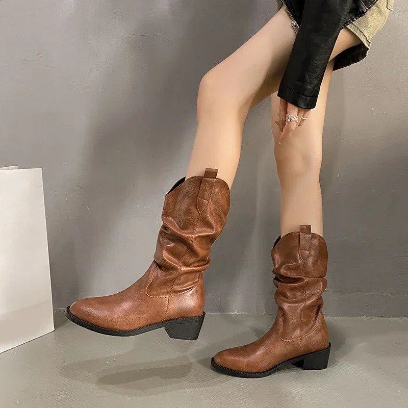 Women High Heels Mid Calf Pleated Boots Autumn Winter Woman Black Brown Leather Western Female Thick Heeled Cowgirl 250117