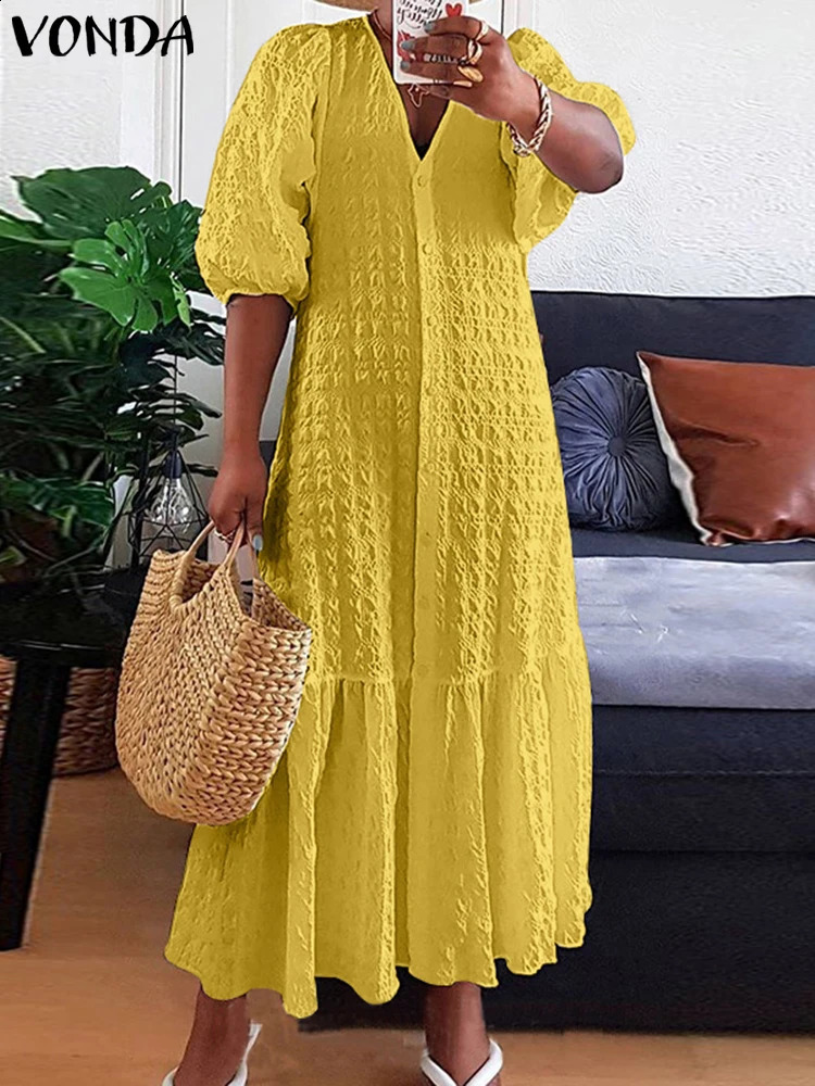 VONDA Women Bohemian Long Maxi Dress Elegant Party Sundress Casual Loose Solid Color Sexy V Neck Puff Sleeve Robe Femme 250122