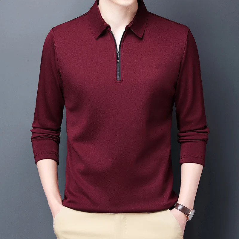 Smart Casual Mens Solid Polo Shirt Spring Autumn Long Sleeve Zipper Collar Business Fashion Loose Polos Tops Clothing 250120