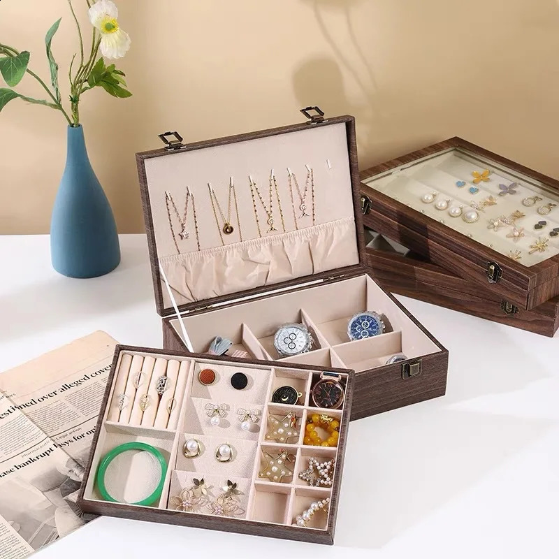 Large Capacity Wooden Pattern Jewelry Storage Box Dustproof Cover Earring Ring Necklace Storage Case For Precious Metals 250117