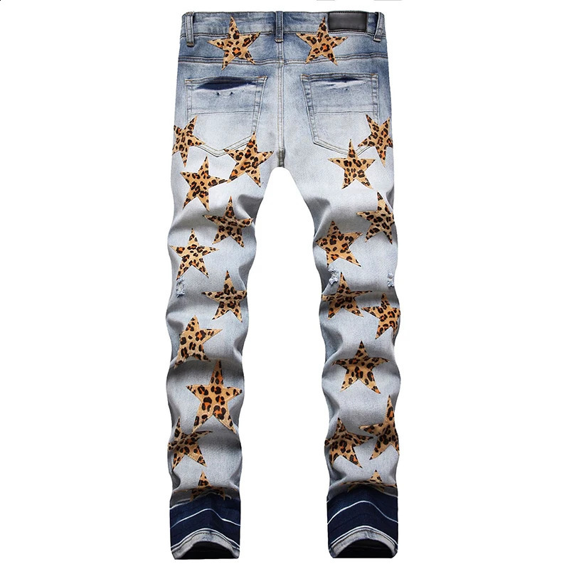 Mens Leopard Star Embroidered Jeans Slim Fit Stretch Ripped Hole Denim Pants Punk Style Streetwear Autumn Winter 28-42 250120