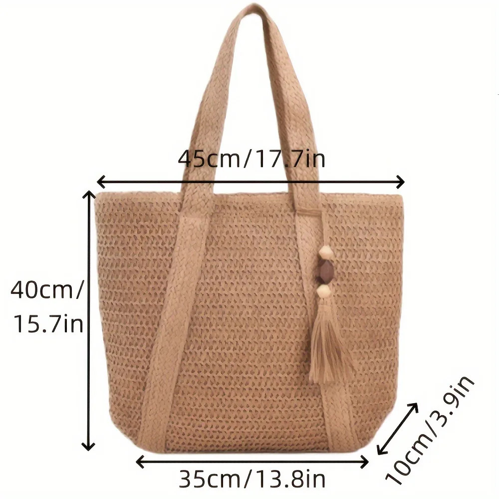 Fashion Large Capacity Fringe Pendant Handmade Straw Handbag Women Holiday Beach Casual Tote Top-Handle Bags Retro Shoulder Bags 250120