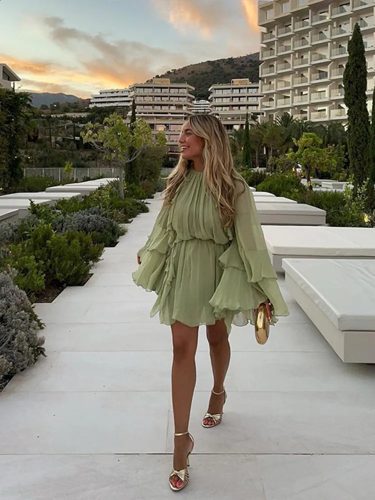 Women Fashion Green Ruffle Pleated Mini Dress Casual Long Flare Sleeve High Waisted Vestidos Lady Vacation Elegant Sundress 250122