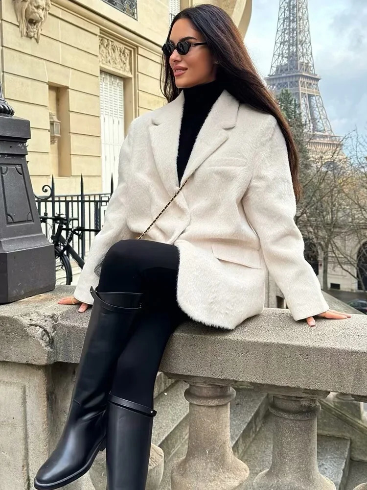 TRAF Womens Blazer White Faux Fur Office Wear Women Long Sleeve Fitted Blazers Suit Jacket High Quality 250120