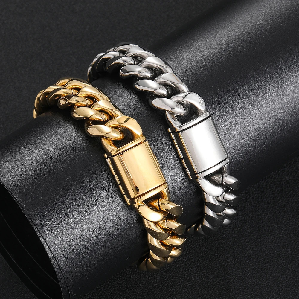 8mm-14mm Thick Stainless Steel Miami Cuban Link Bracelet Gold/Silver Plated Hip Hop Jewelry for Men Women 250115