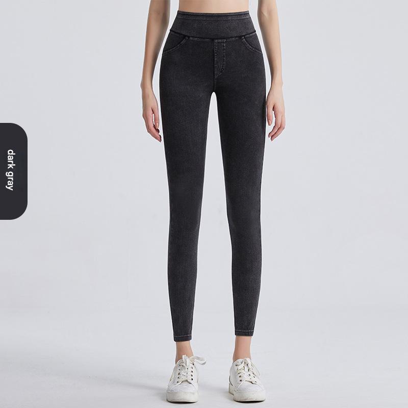 New hot-selling European and American high-waisted imitation jeans for women tight and thin hip lift, abdominal elastic outer wear, double pocket fitn