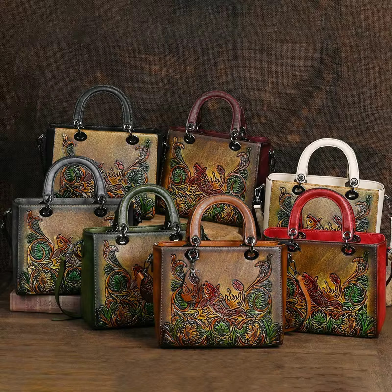 New Fish Emed Women Handbag Vintage Chinese Style Shoulder Versatile Leather Large Capacity Crossbody Bag Ladies