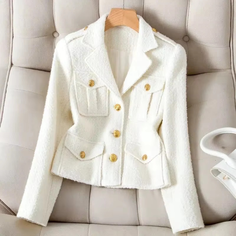 New Fashion White Blazer Suit Collar Small Fragrance Jacket High-Quality Tweed Coat Short Black Wool Outerwear Female Tops 4Xl