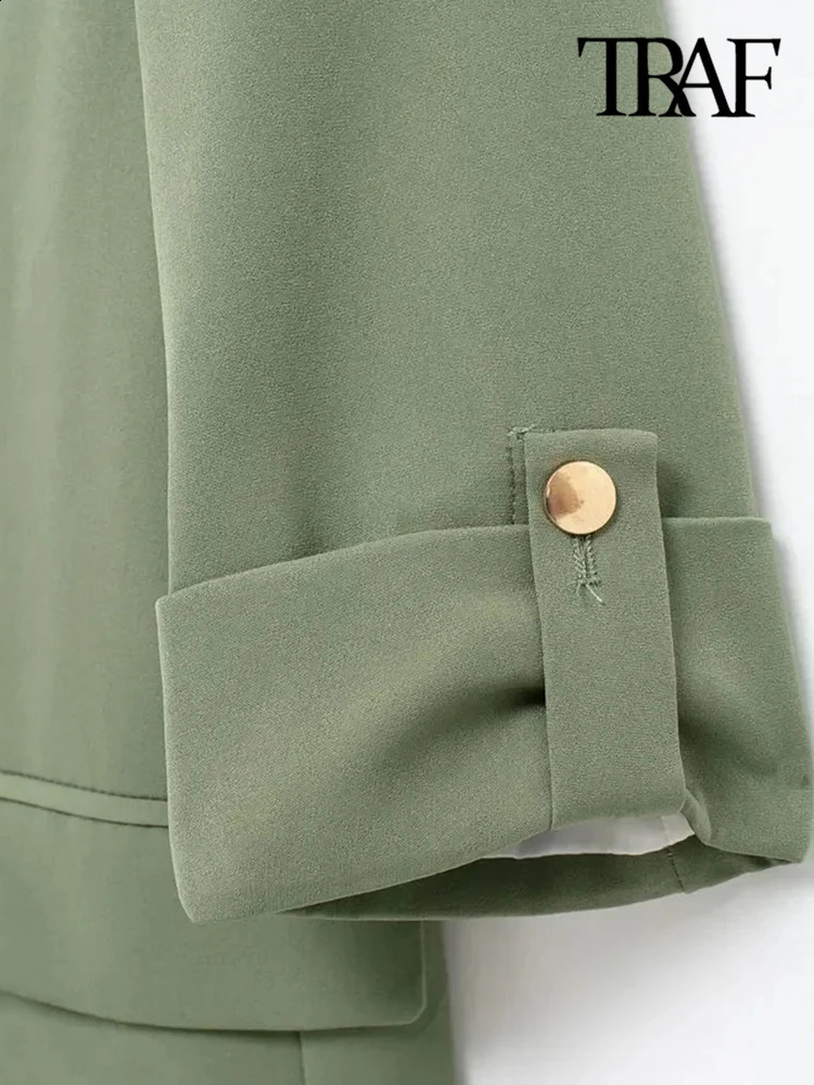TRAFWomens Open Blazer Coat with Turnup Sleeves Front Flap Pockets Female Outerwear Chic Tops Fashion 250120