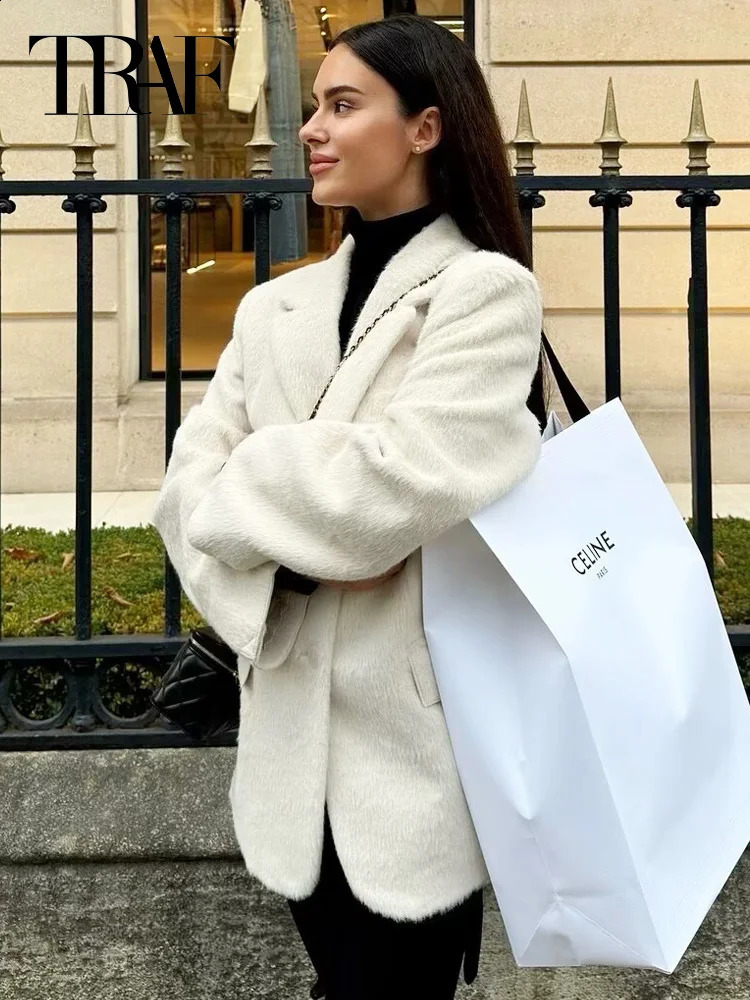 TRAF Womens Blazer White Faux Fur Office Wear Women Long Sleeve Fitted Blazers Suit Jacket High Quality 250120