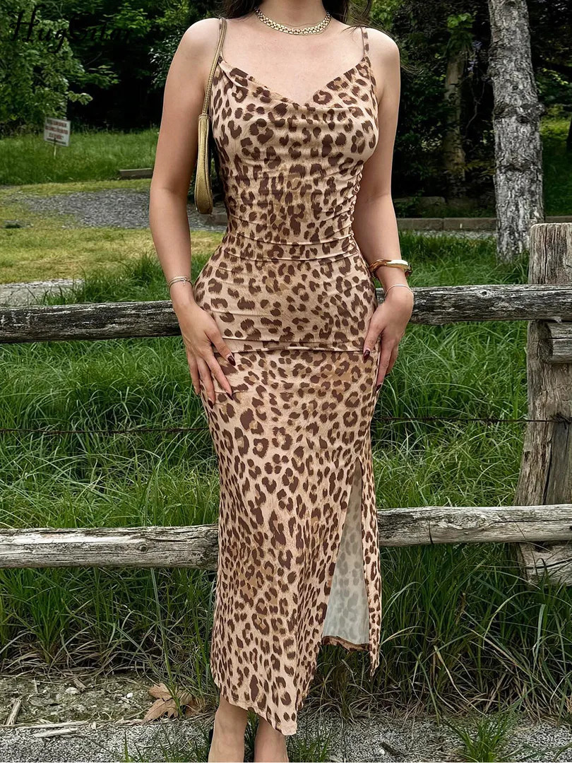 Hugcitar 2024 Leopard Print Slips Backless Slit Sexy Slim Maxi Dress Summer Women Fashion Y2K Outfits Party Beach Festival 250113