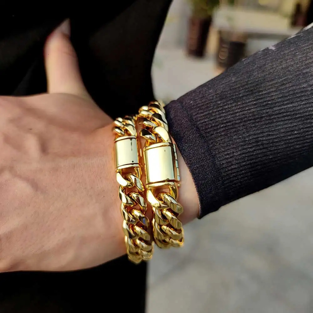 8mm-14mm Thick Stainless Steel Miami Cuban Link Bracelet Gold/Silver Plated Hip Hop Jewelry for Men Women 250115