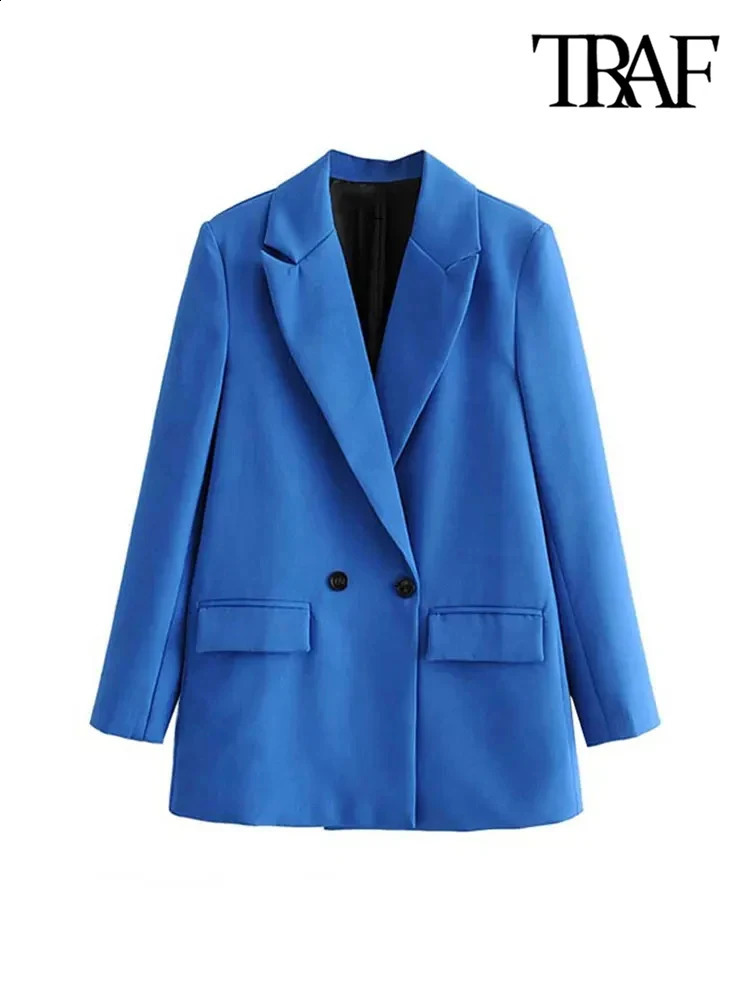 TRAF Women Chic Office Lady Double Breasted Blazer Vintage Coat Fashion Notched Collar Long Sleeve Ladies Outerwear Stylish Tops 250120