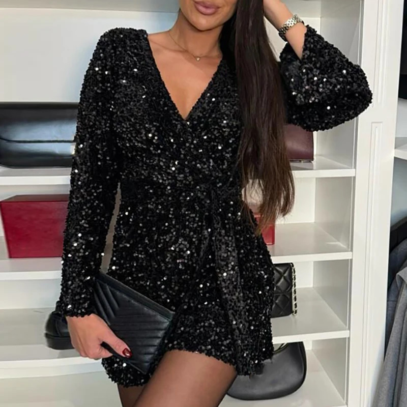 Sexy V-neck Long Sleeve Short Jumpsuit Women Elegant Shiny Sequin Tie-up Waist Short Romper Office Fashion Temperament Playsuits 250107