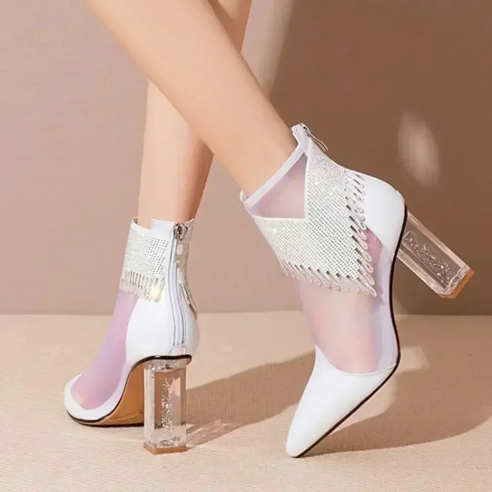 Rubber Soled Dance Boot 2024 Summer Pointy Rhinediamond Tassel High Heel Mesh Latin Jazz Modern Shoes Stage Show 250118