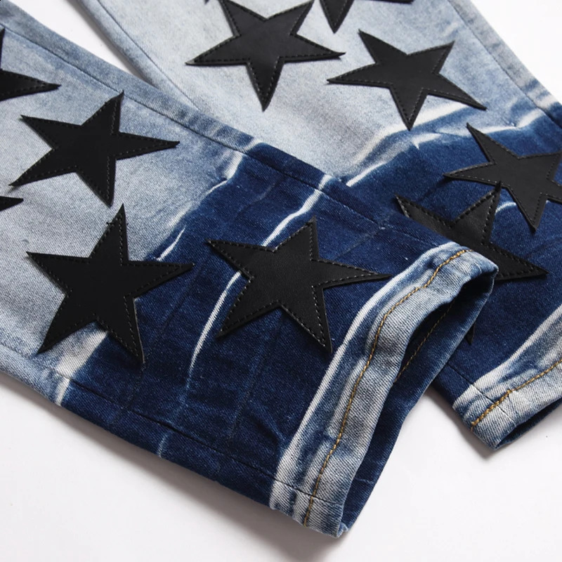 Mens Leopard Star Embroidered Jeans Slim Fit Stretch Ripped Hole Denim Pants Punk Style Streetwear Autumn Winter 28-42 250120