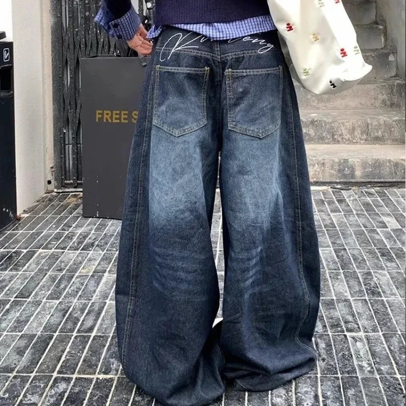Streetwear Vintage Fashion Oversized Letter Embroidered Baggy Jeans Women Y2K Hip Hop Pop Casual High Waist Wide Leg Pants 250117