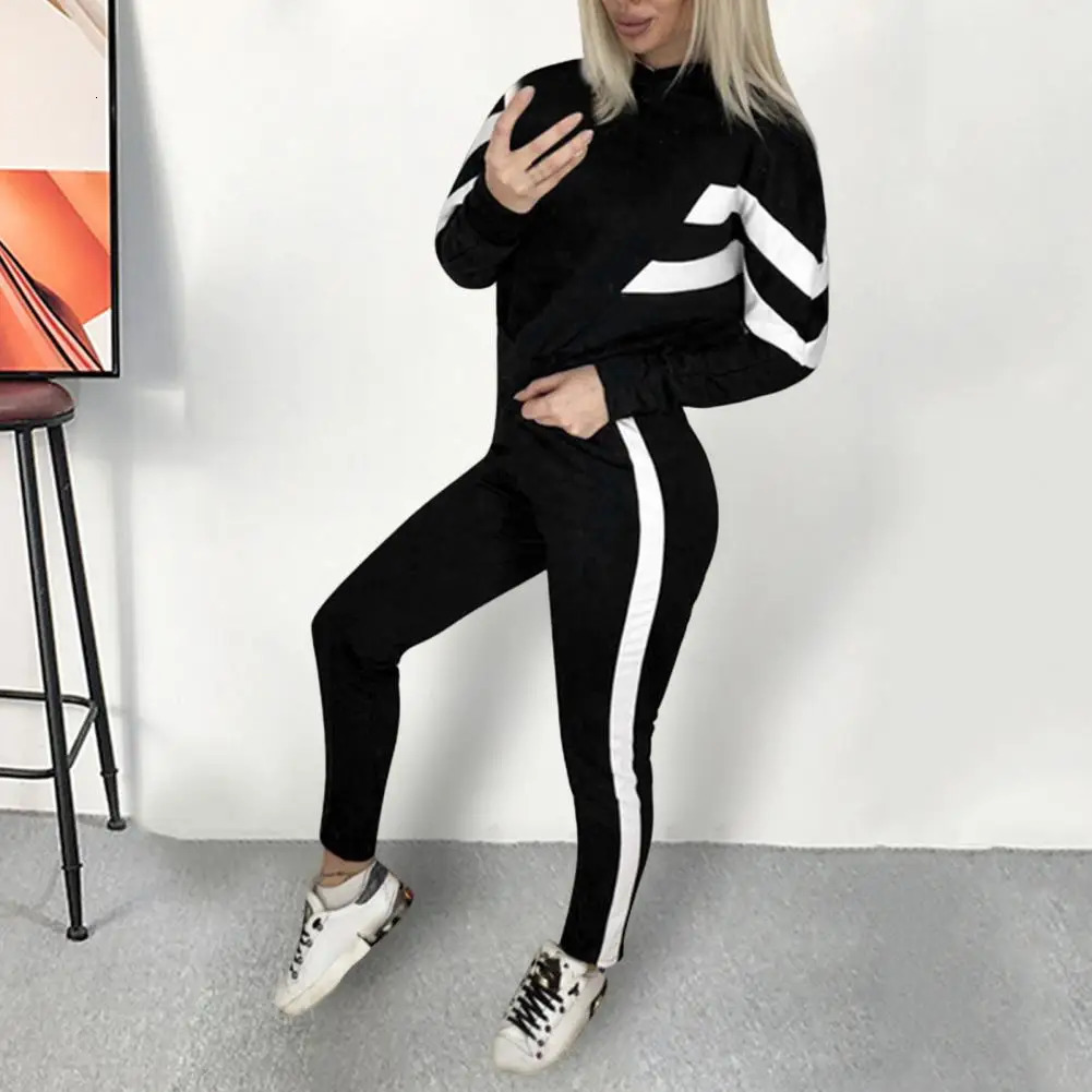 1 Set Womens Sweatshirt Sweatpants Long Sleeve Contrast Color Europe America Drawstring Hooded Sportswear 250122
