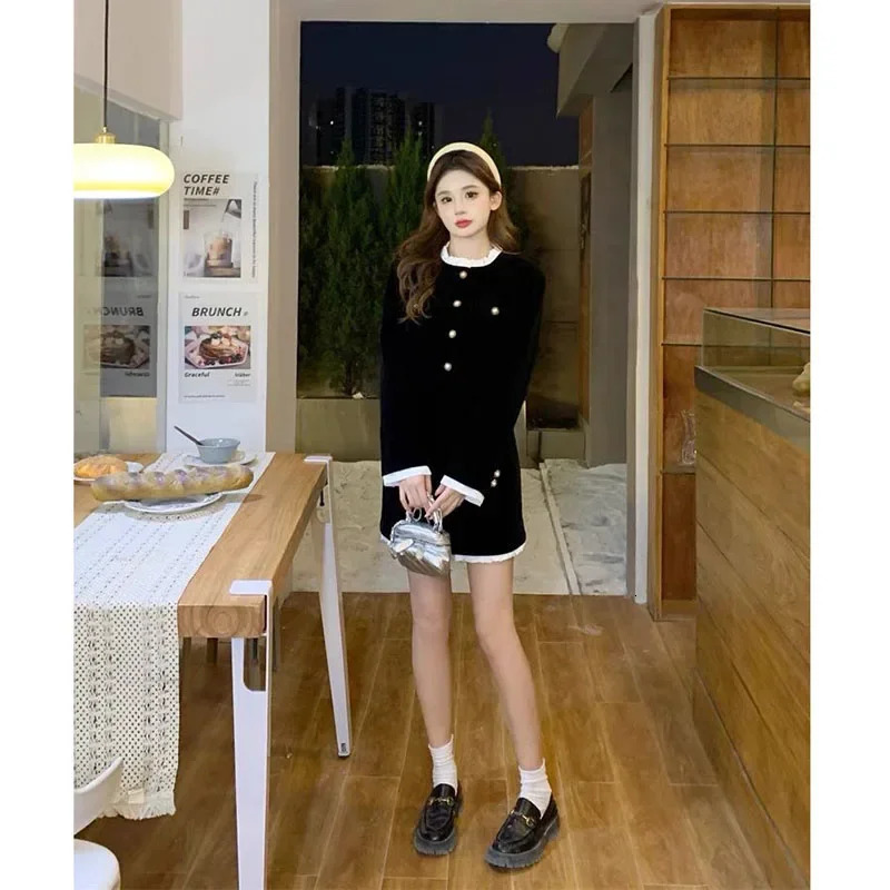 Hepburn Style Velvet Little Black Dress Set French Small Fragrance n Sense Two Piece Female 250122