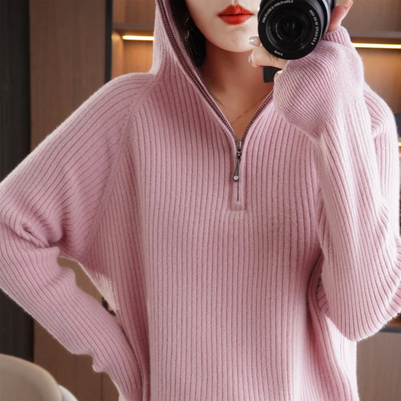 Spring Autumn Knit Hooded Sweater Women Solid Long Sleeve Tops Fashion Female Quality Zipper Loose Basics Pullover Pull Jumper 250114