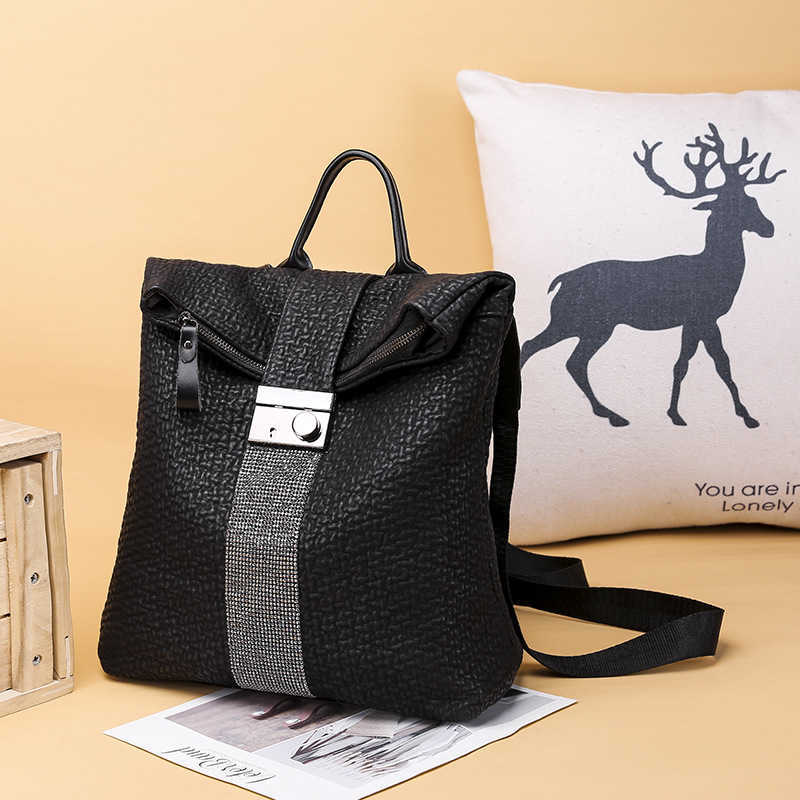 Womens Backpack New Leather Fashion Leisure Travel Bag Lock Buckle Black Backpack Women