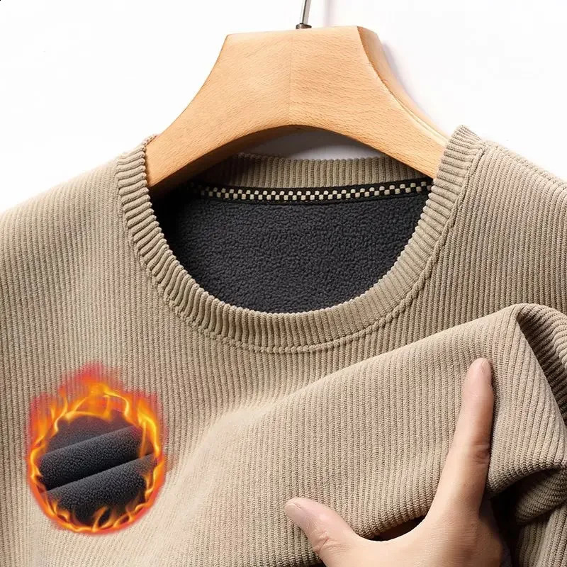 Mens Plush Thick Round Neck Long Sleeved Tshirt Korean Sweater Highend Warm Bottom Shirt Solid Color Top 250122