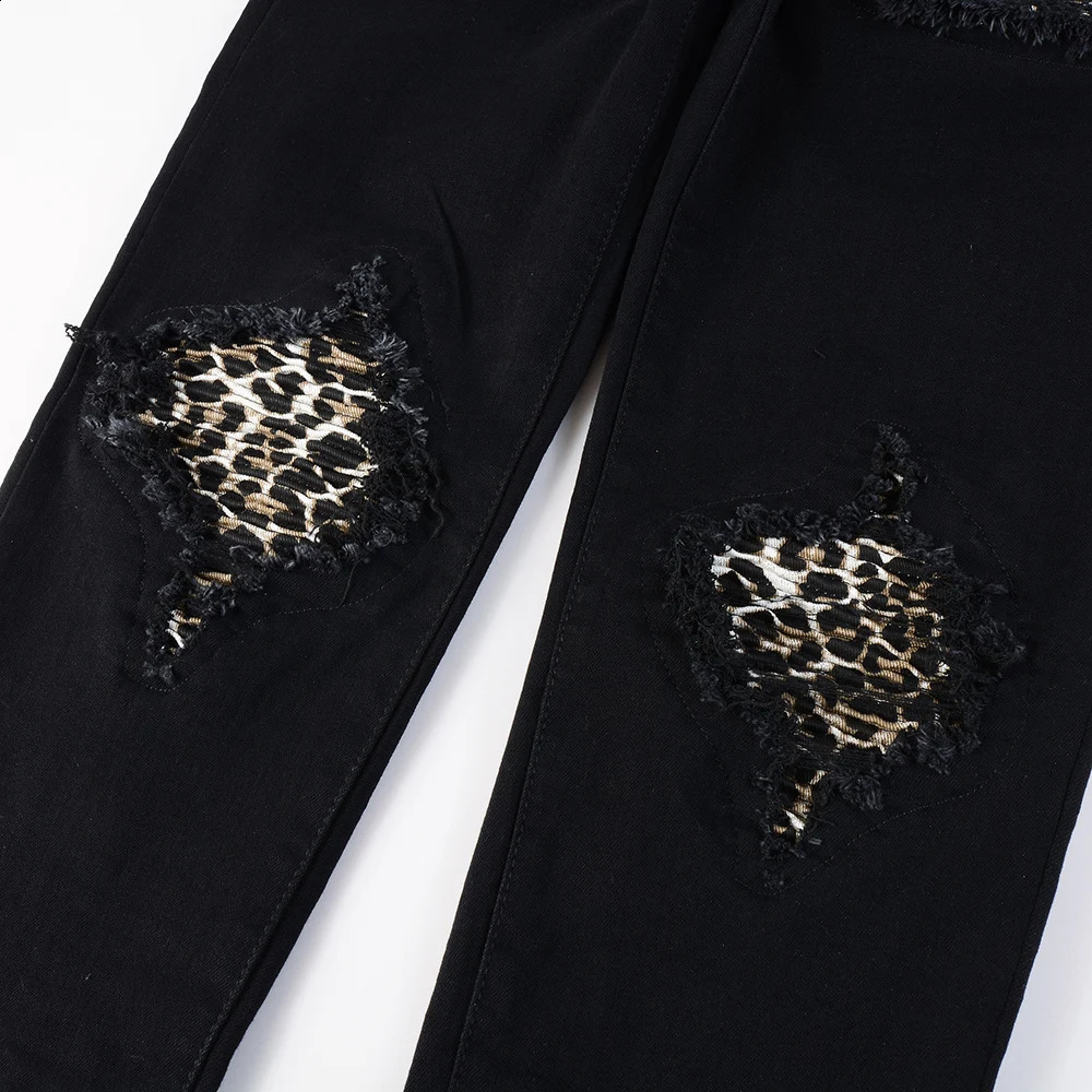 Mens Leopard Print Patch Jeans Streetwear Black Stretch Denim Skinny Tapered Pants Punk Ripped Patchwork Trousers 250120