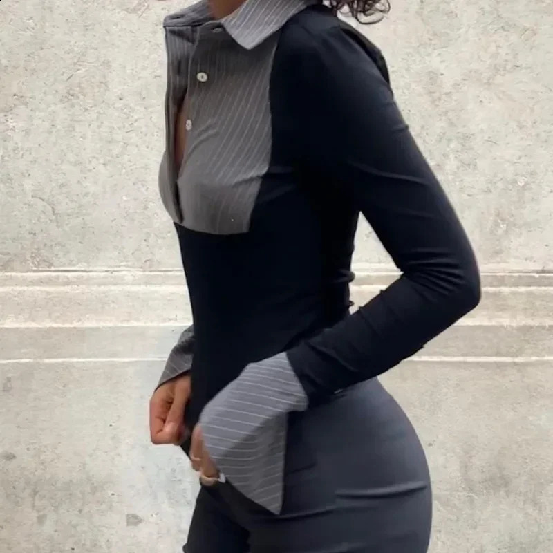 Official Ladies Stripe Print Patchwork Shirts Fashion Polo-neck Button Skinny Crop Tops Autumn Elegant Shirts 250113