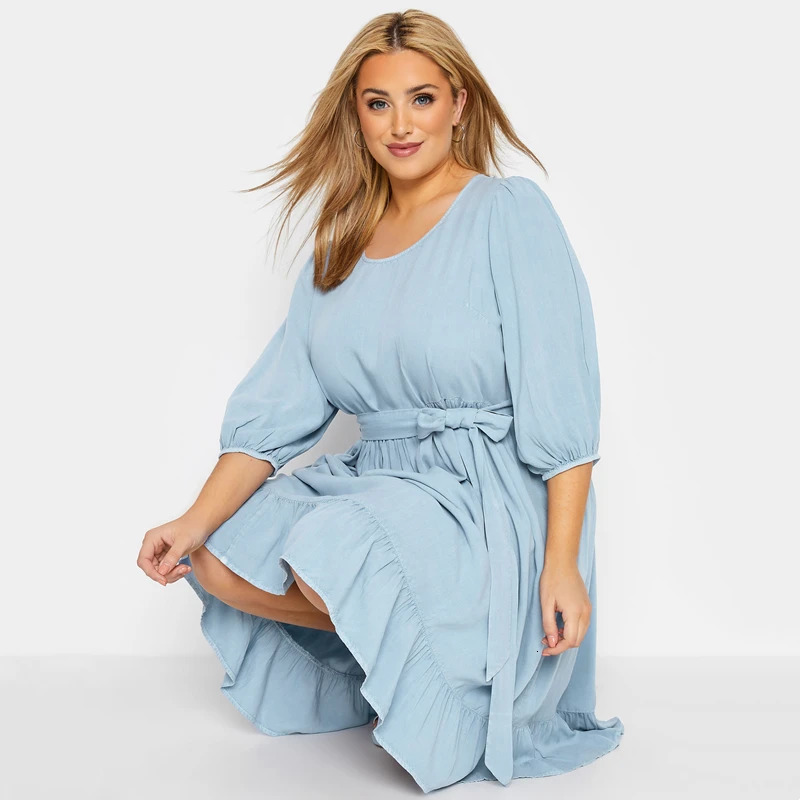 Plus Size Puff Sleeve Summer Spring Elegant Chic Party Dress Tie Waist Midi Tiered Large Casual Denim 250121