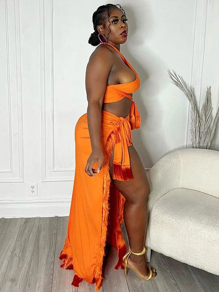 Beyprern Chic Halter Neck Crop Top And High Slit Resort Wrap Skirt Set Two-Piece Outfits Summer Fringed Swimsuits Cover-Up Set 250113