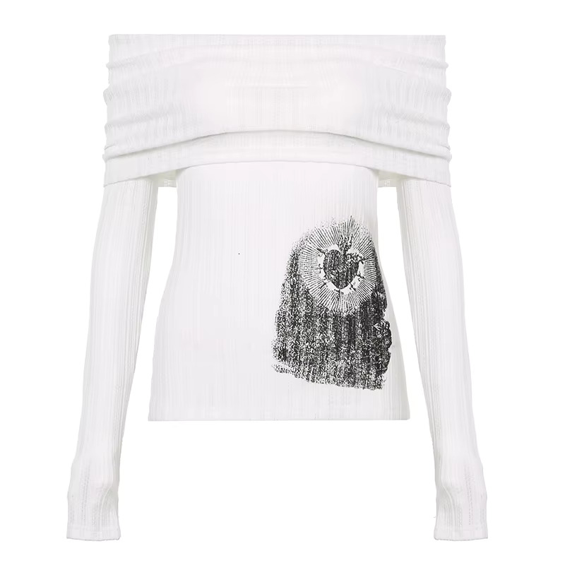 Rockmore Chic Retro One-Shoulder Printed Top Slim Thin Long Sleeve T-Shirt Vintage Streetwear Aesthetic Haruku Casual Outfits