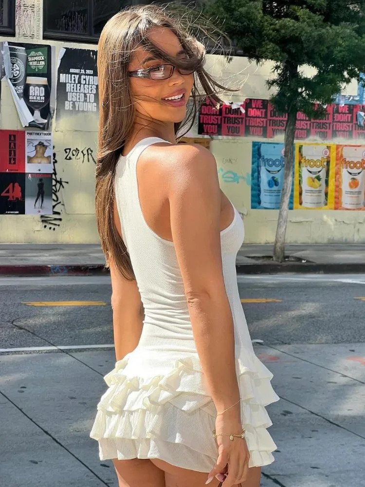 Tossy Ruffled Summer Fashion Mini Dress For Women Patchwork Slim Tee Bow Solid Sleeveless Dress Womens White Bodycon Dress 250121