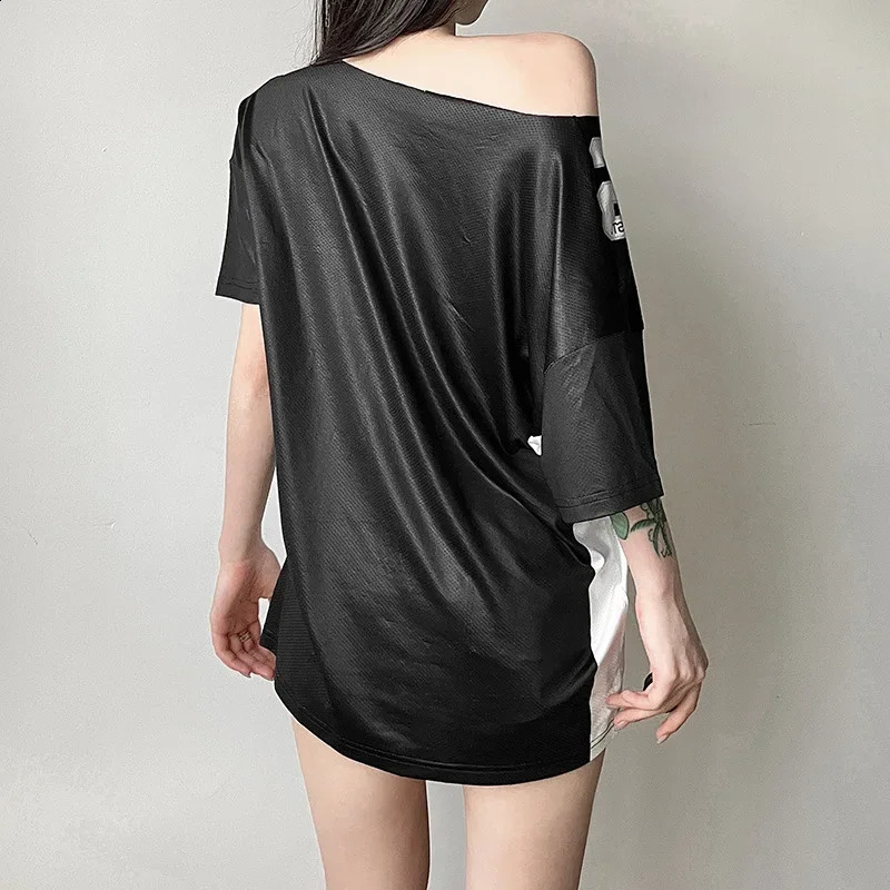 Y2k Aesthetic Summer Letter Printing T-shirts Harajuku Patchwork Loose Oversize Tops Women Harajuku Skew Collar Casual Tees 250109