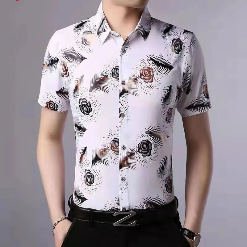 Summer Printed Mens Square Neck Ice Silk Fabric Fashion Versatile Short Sleeve Loose Single Row Multi Button Shirt Top 250110