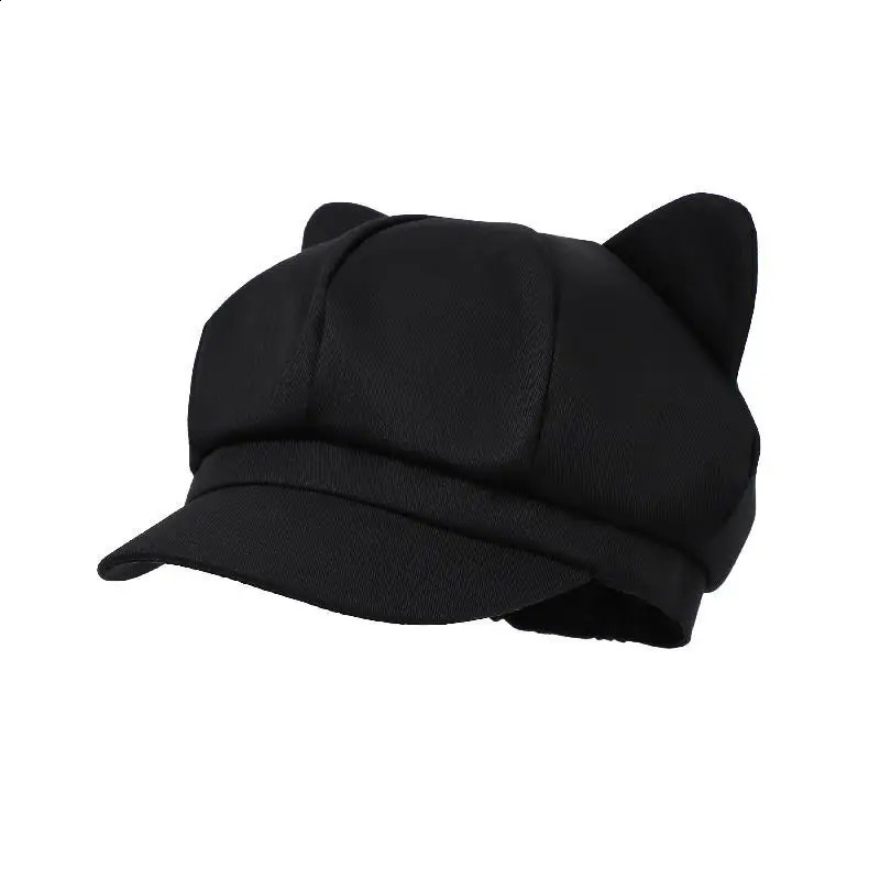 Beret Women Cute Cat Ear Sweet Octagonal Hats For Women sboy Cap Painter Hat Korean Style Solid Color Black 250120