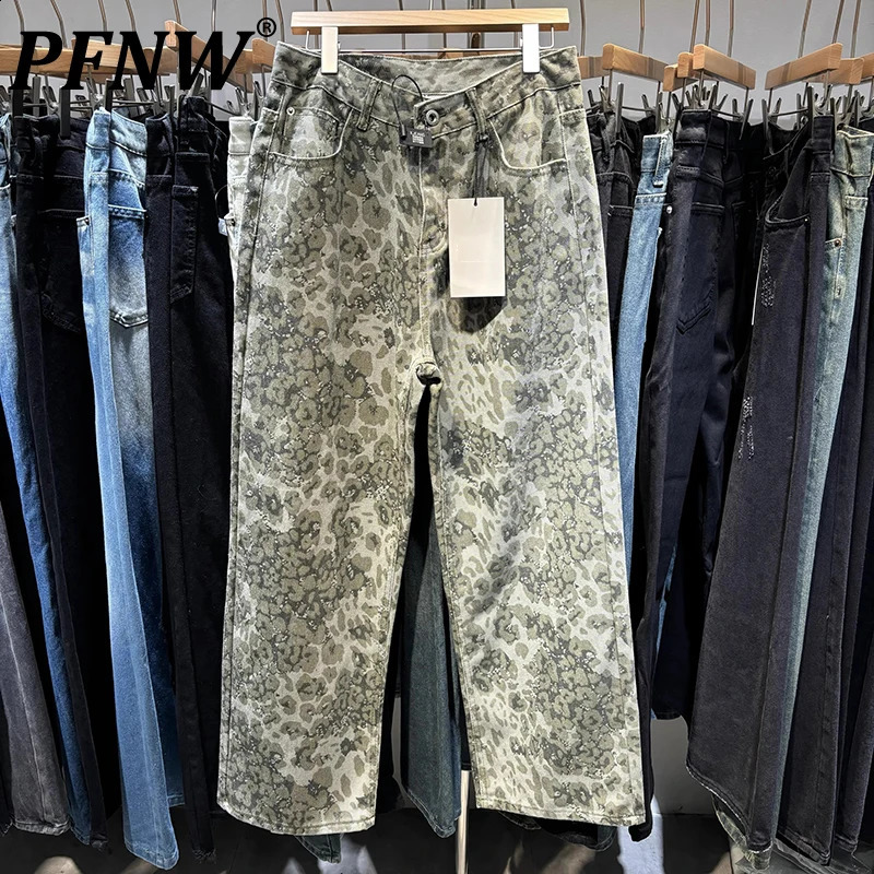 PFNW Menswear Washed Straight Pants Unisex High Street Leopard Print Loose Causal Jeans Spring 2025 Wide Leg Pants 28W5865 250120