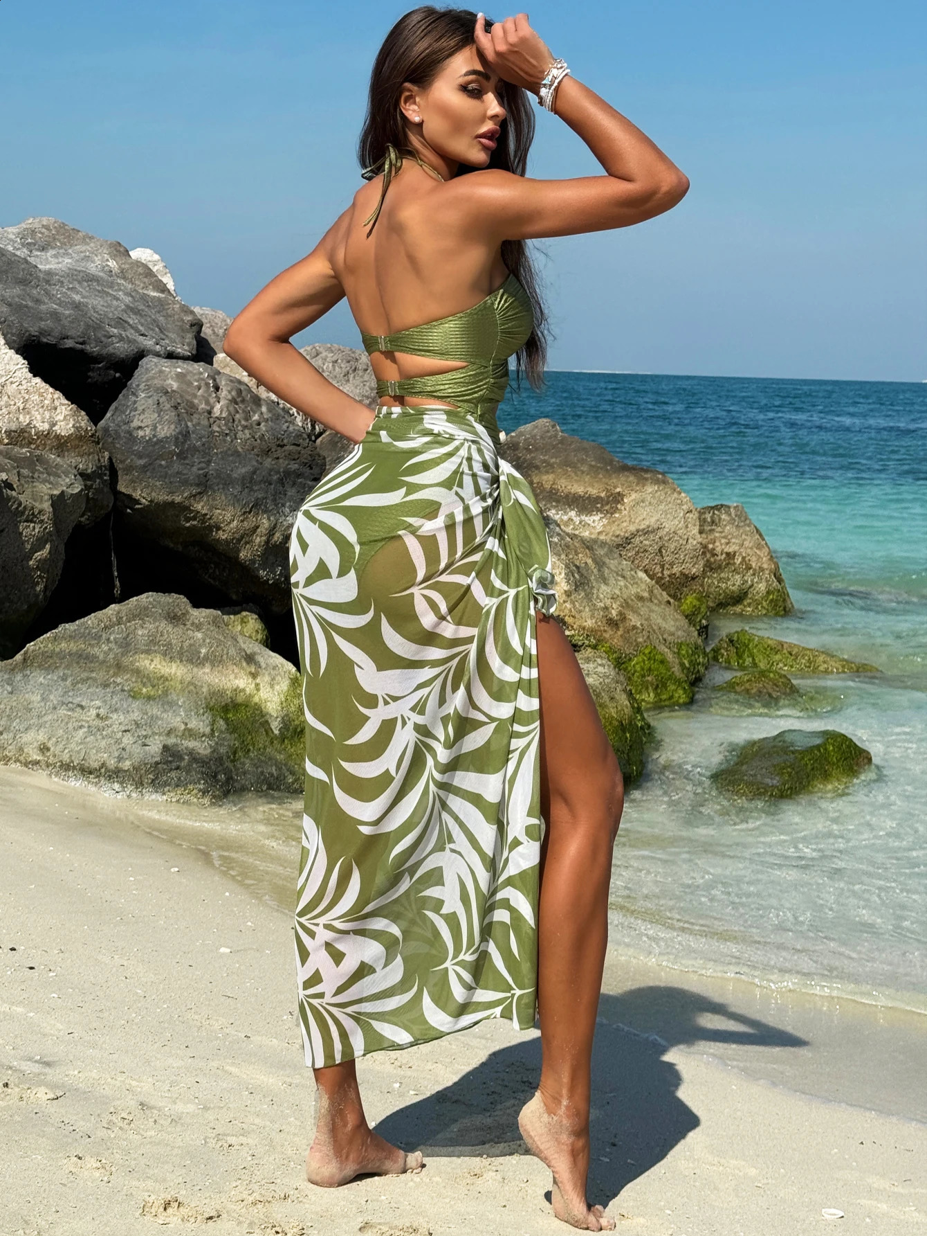 Peachtan one piece swimsuit with dress sexy bikini push up Korean swimwear style green body bathing suit sets woman beach wear 250122