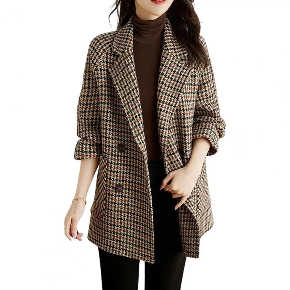 Women Houndstooth Coat Stylish Womens Tweed with Long Sleeves Pockets Vintage Outerwear for Autumn Winter Wear 250122