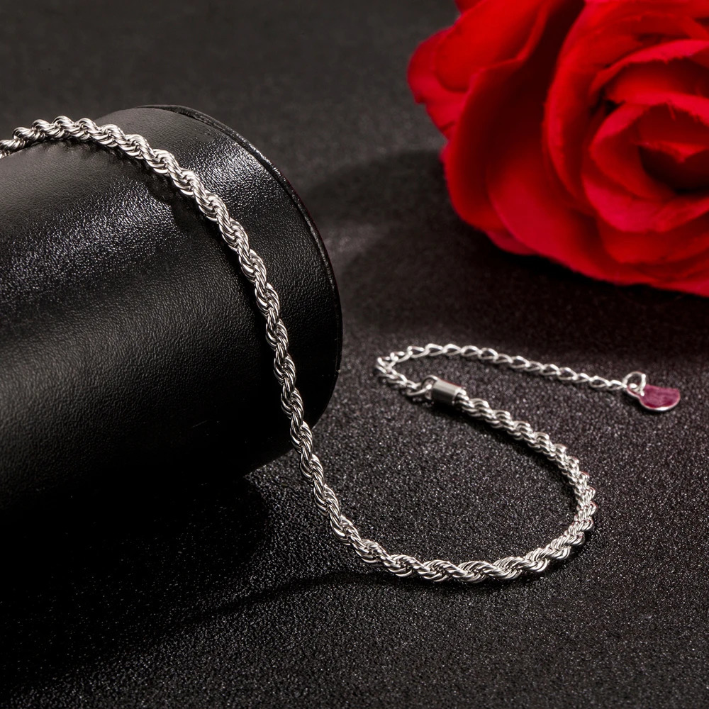 Minimum 925 sterling silver rope chain ankle bracelet for women adjustable bead chain ankle bracelet beach barefoot jewelry 250110