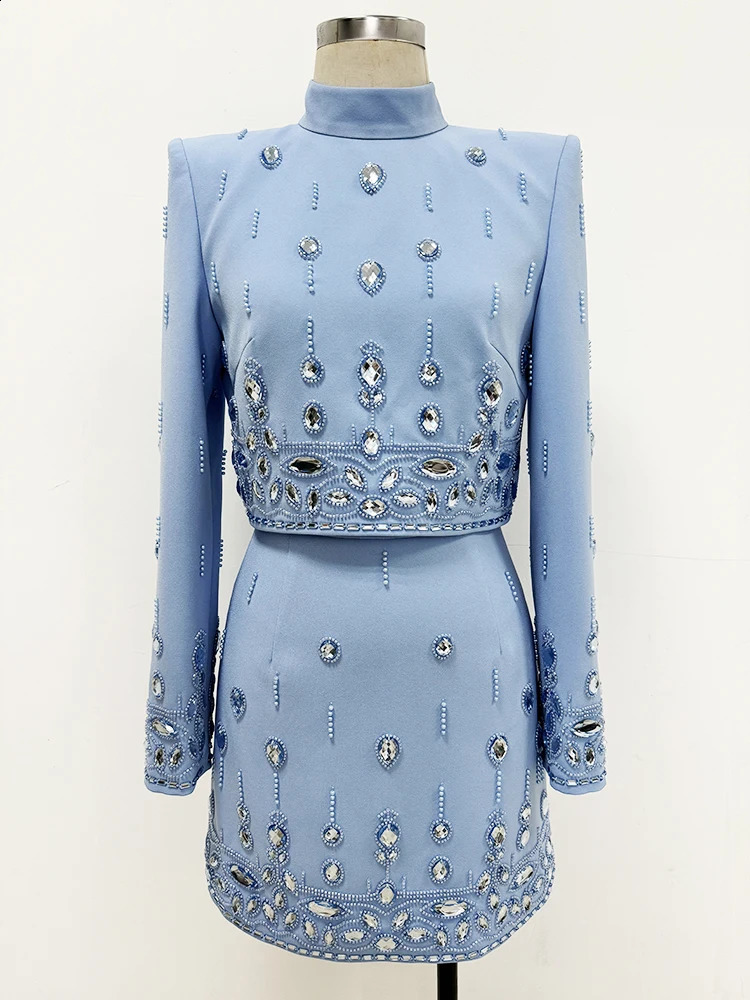 HIGH STREET est Fashion Runway Suit Set Womens Rhinestone Diamonds Beading Cropped Top Mini Skirt Set 2pcs 250122