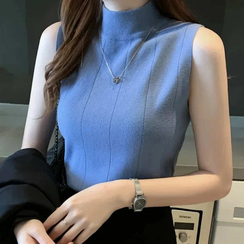 Korean Fashion Ladies Tops Spring Summer Women Casual Clothes Sleeveless Solid Blouse Knit Elastic Blouses 250122