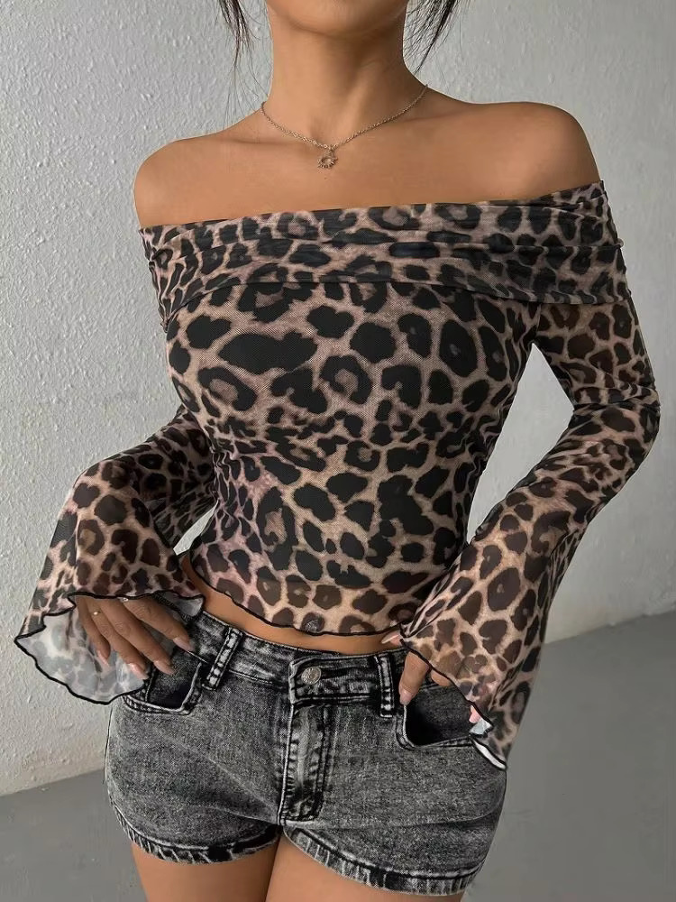 Lygens Leopard Print Long Sleeve Mesh Ruched Slim Crop Tshirt Top Casual Clothes Sexy Y2k Streetwear Manufacturer 2024