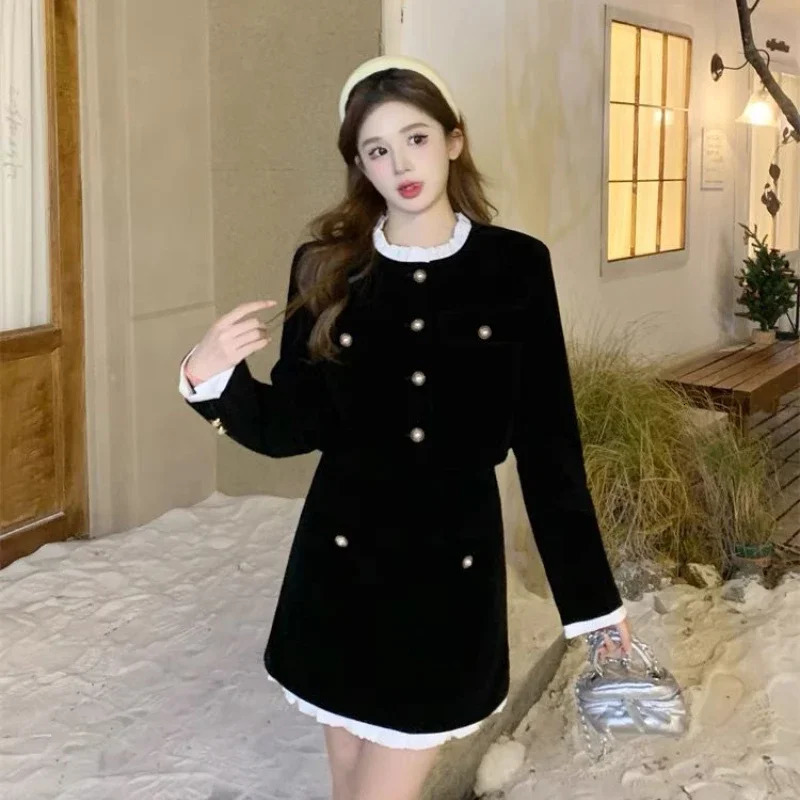 Hepburn Style Velvet Little Black Dress Set French Small Fragrance n Sense Two Piece Female 250122