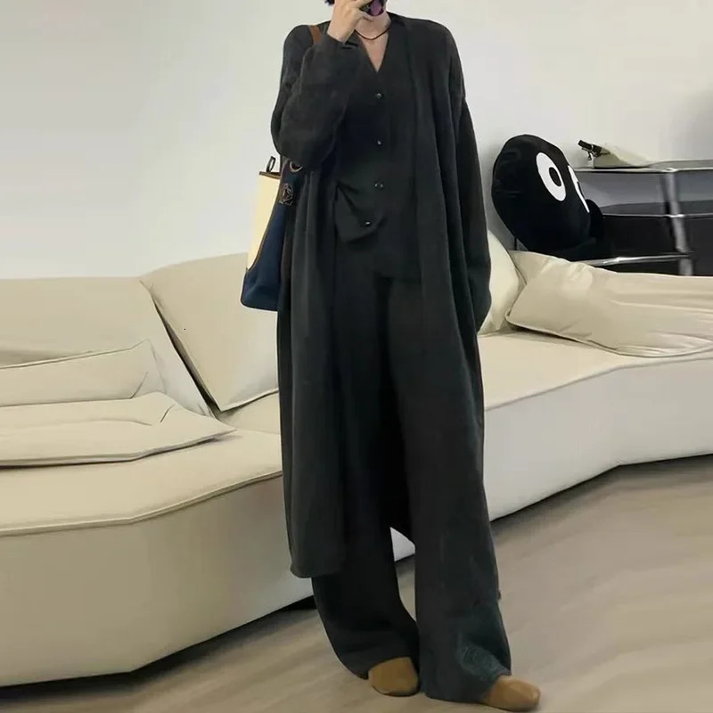 Vest Cardigan Wide Leg Pants Three Piece Set Casual Style Autumn and Winter Item Solid Color Fashionable Sweater 250122