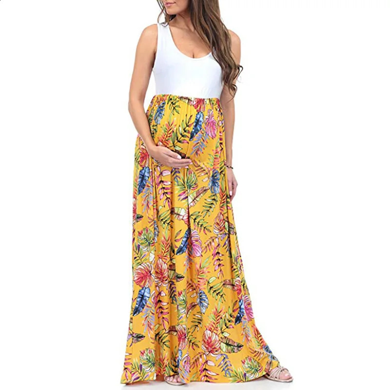Summer Pregnant Women Dresses Maternity Dress Pregnancy Flower Pattern Loose Knee Long Dress Sleeveless Female Casual Clothes 250116