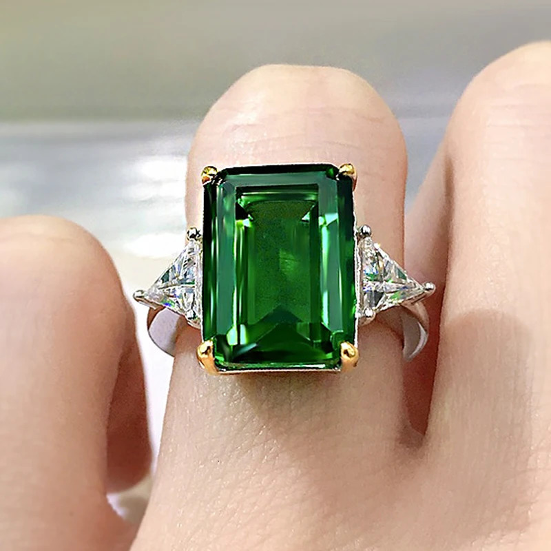 OEVAS 100% 925 Sterling Silver Sparkling 10*14mm Emerald Cut Green Wedding Ring For Women High Carbon Diamond Fine Jewelry Gifts250122
