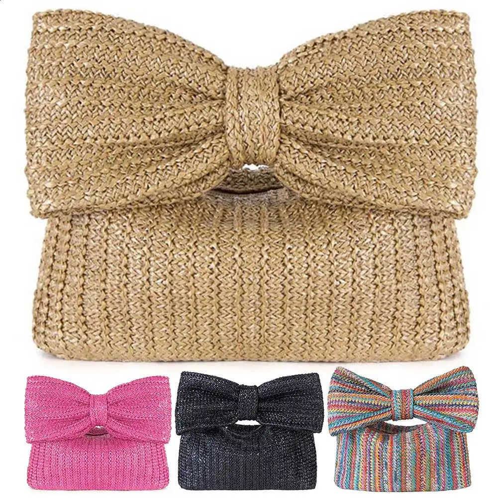 Summer Straw Weaving Banquet Bag Women Crochet Beach Handbag Zipper Closure with Bow Straw Summer Handbag Party Wedding Bag 250118