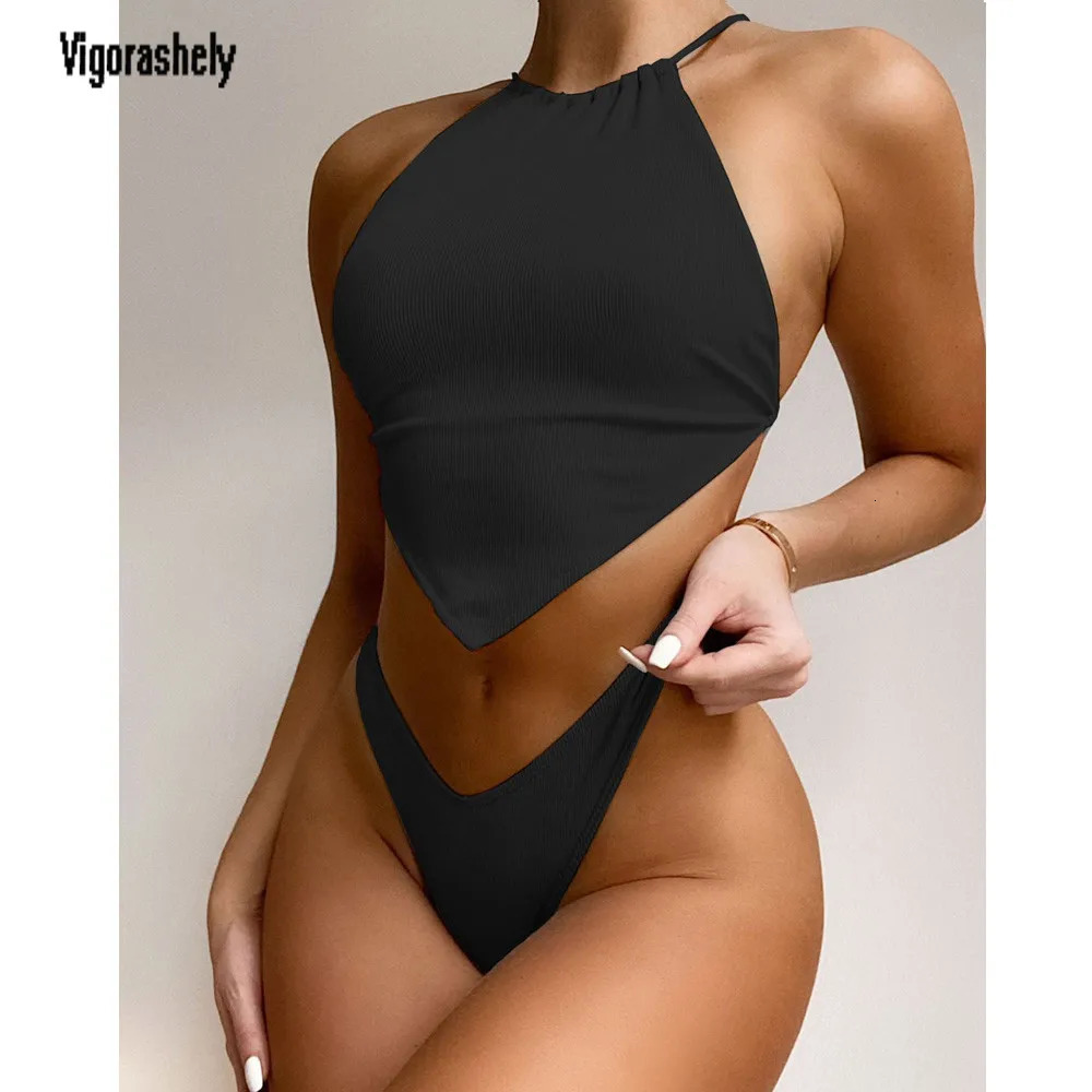 Vigorashely High Neck Cut Swimwear Women Sexy Thong Bikini 2024 Tied Top Swimsuit Female Brazilian Set Bathing Suit Swimming 250122