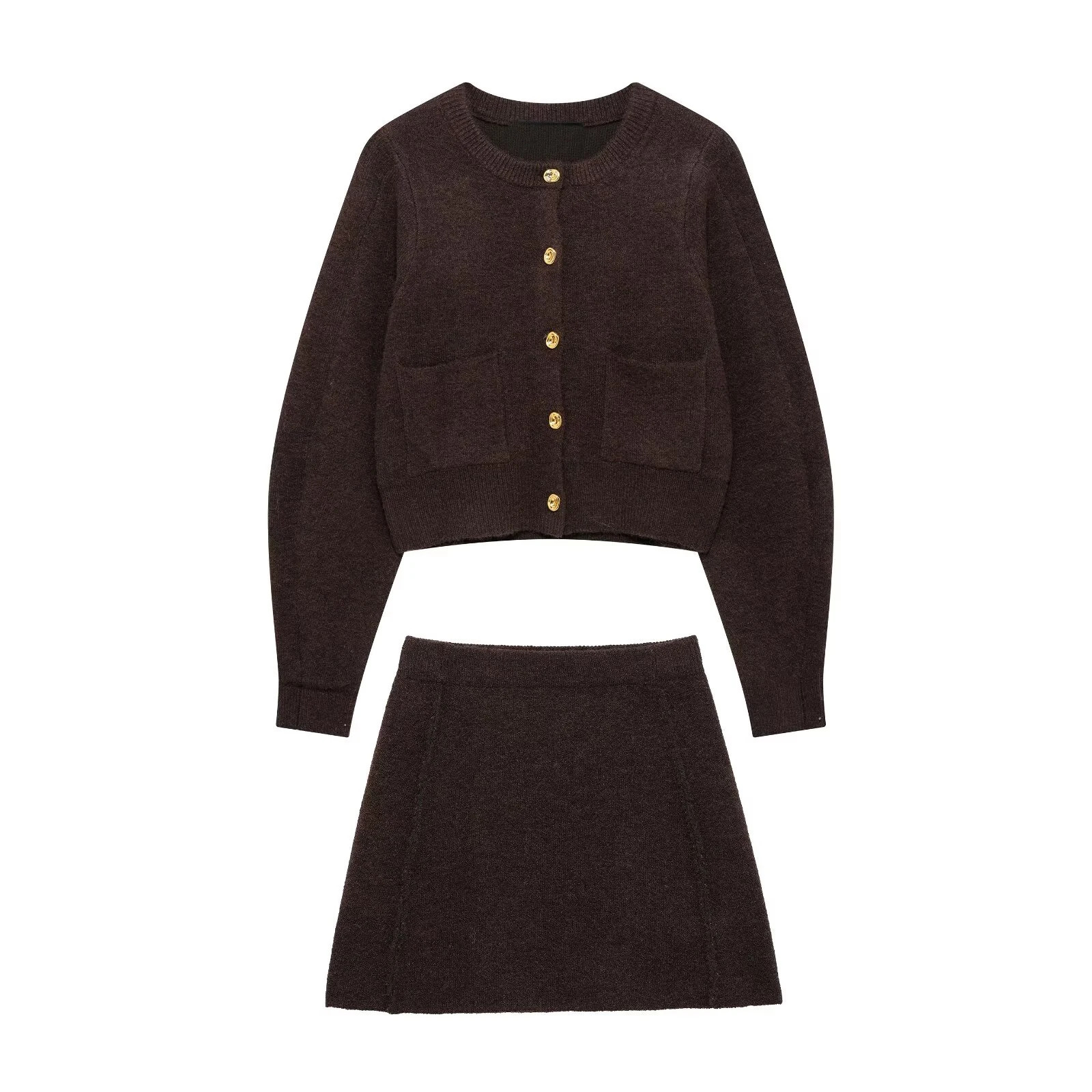 UNIZERA Womens Knitted Set with Gold Buckle Decoration Long Sleeve Top Side Stitching Decorative Skirt Winter Style 250122